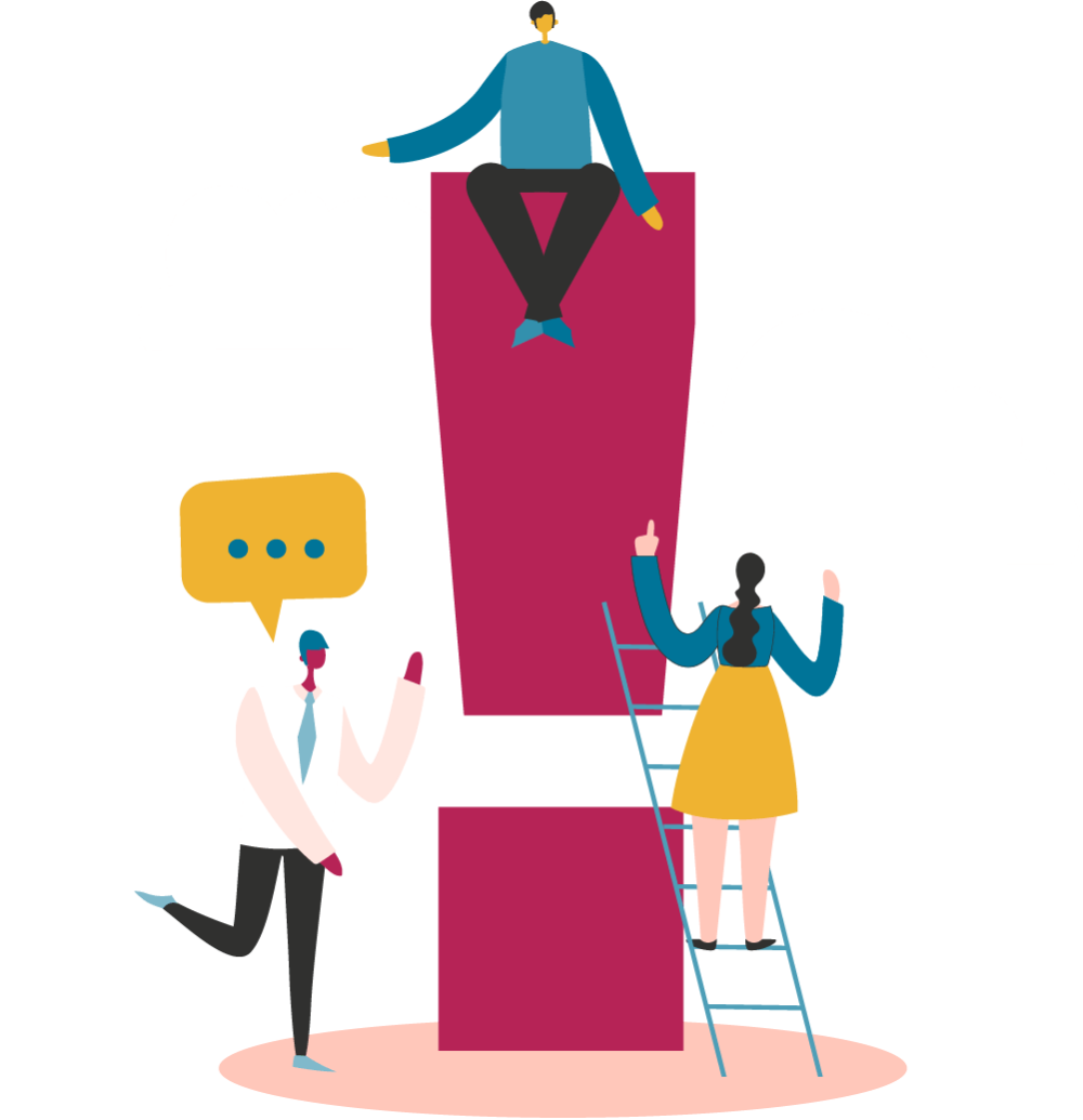 Illustration of people around a giant exclamation mark